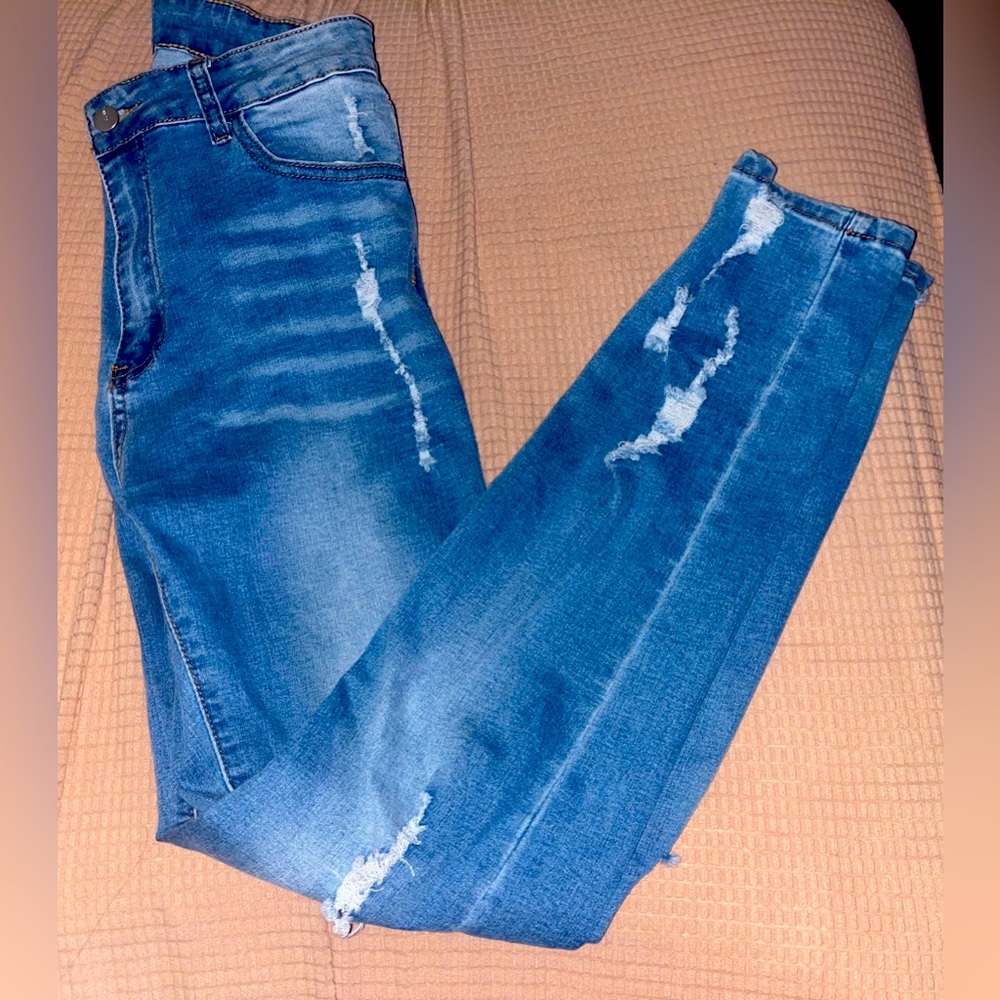 Shein Womens Skinny Stretch Ripped Jeans Light Wash 4 Pocket Denim Blue SzL NWOT